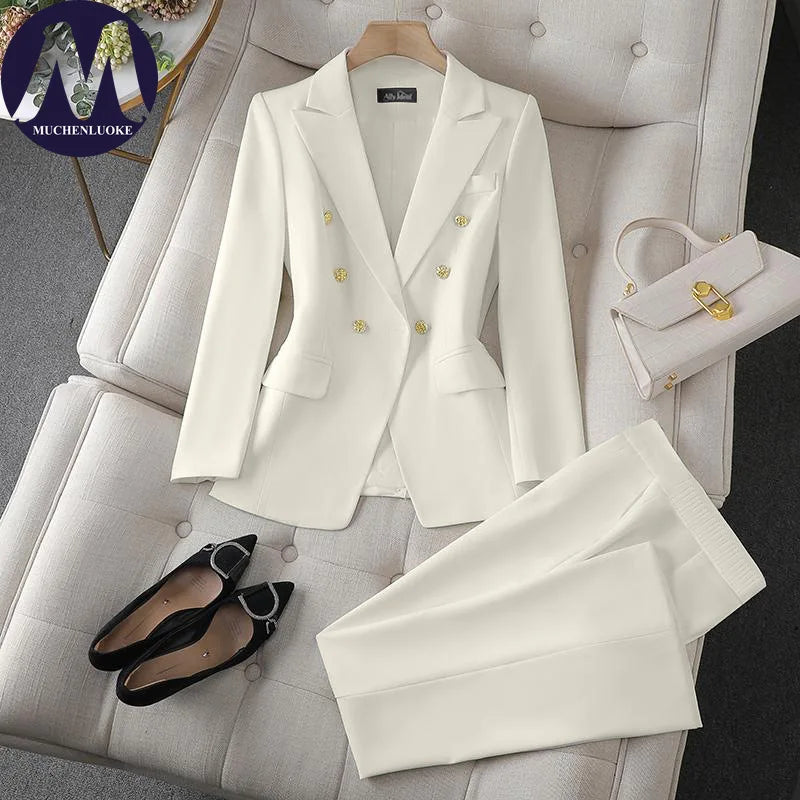 Women's Korean Fashion Two-Piece Set Long Sleeve Blazer And Wide Leg