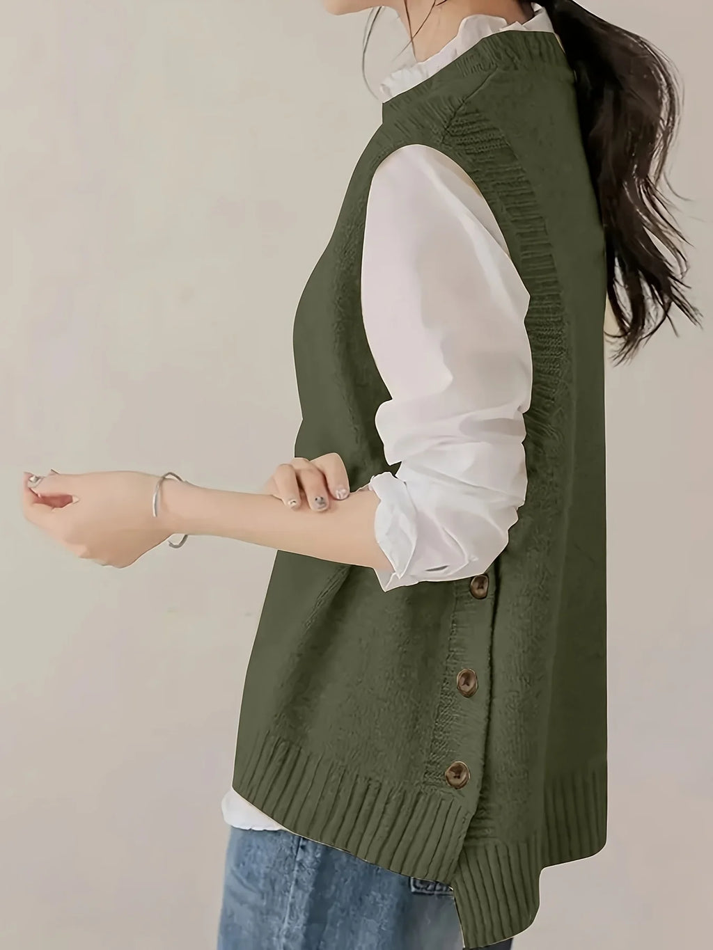 Women's Minimalist  Knit Vest Sweater Sleeveless Round Neck Button-Front Design Preppy Business Casual Style For Office