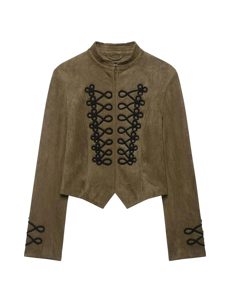 TFMLN 2026 Women Faux Suede Short Jacket Stand Collar Handmade Knot Embroidery Slimming Long Sleeve Outerwear Fashion Retro