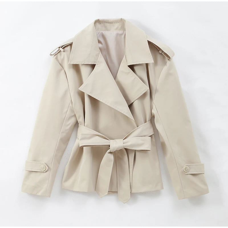 Solid Laepl Lace Up Trench Coat Women Fashion Full Sleeve Waist Cinching Short Windbreak 2026 New Autumn Office Commute Outwear