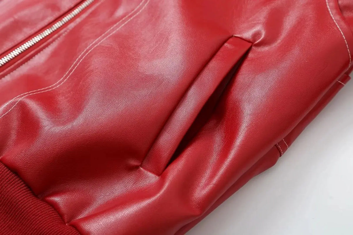Autumn Winter Women's Vintage PU Jacket Street Fashion Zipper Leather Jacket Coat Handsome Patchwork Lapel Long Sleeve Outerwear
