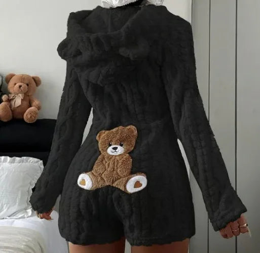 Autumn Winter Plush Hoody Women's Jumpsuit Shorts 2026 New Fashion Embroidered Animal Bear Female Casual Home Wear Plush Rompers