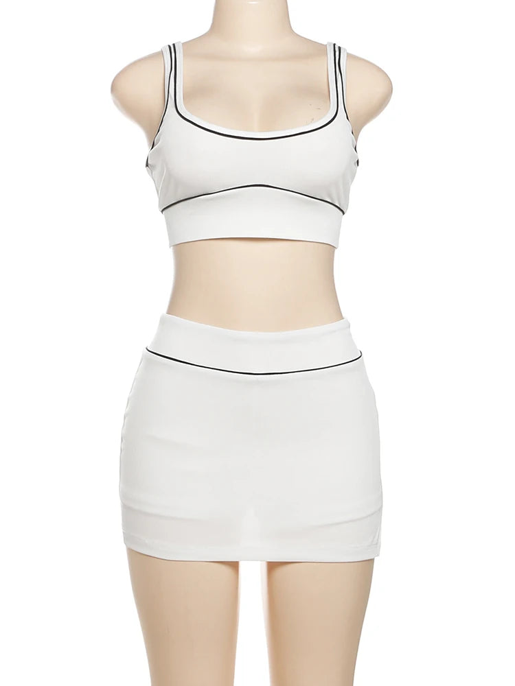 Weird Puss Casual Ribbed 2 Piece Set Women Black String Patchwork Tank
