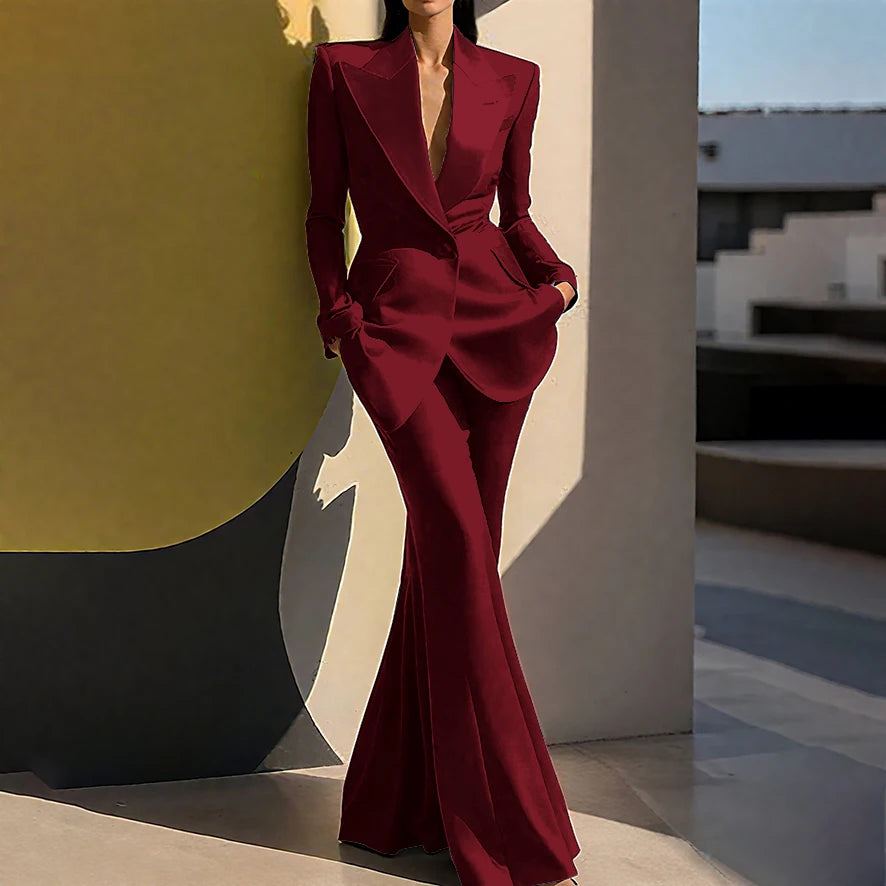 Wedding Guset Suits for Women Elegant Double-breasted Wide Peaked Lapel 2Pieces(Jacket+Pants) Bride Mother Groom Blazer Set