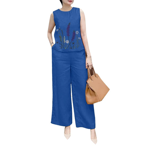 Fashion 2PCS Summer Outfits ZANZEA Sleeveless Embroidery Blouse Pant