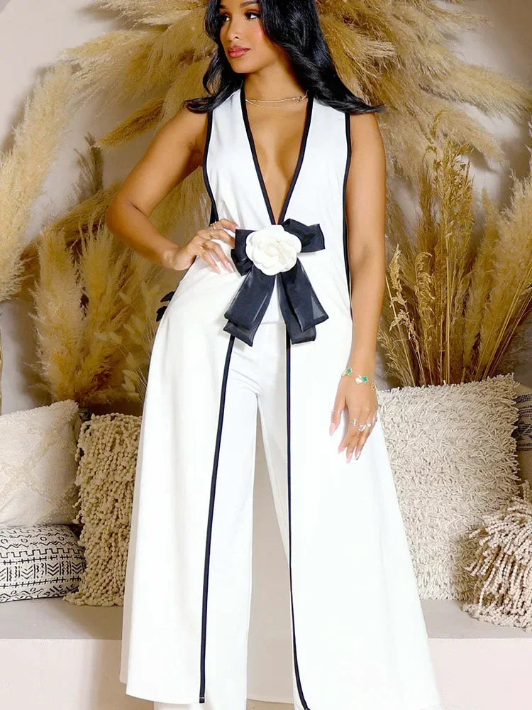 Bow Tie Appliques V-neck Sleeveless Long Top and Wide Leg Pants