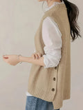 Women's Minimalist  Knit Vest Sweater Sleeveless Round Neck Button-Front Design Preppy Business Casual Style For Office