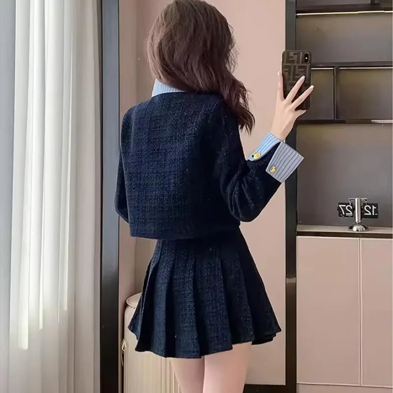 Korean High-End Small Fragrance Style Woolen Skirt Set Women's Autumn Winter Thicken Pleated Short Skirt Two-Piece Set