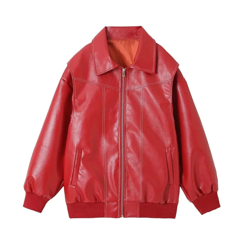 Autumn Winter Women's Vintage PU Jacket Street Fashion Zipper Leather Jacket Coat Handsome Patchwork Lapel Long Sleeve Outerwear