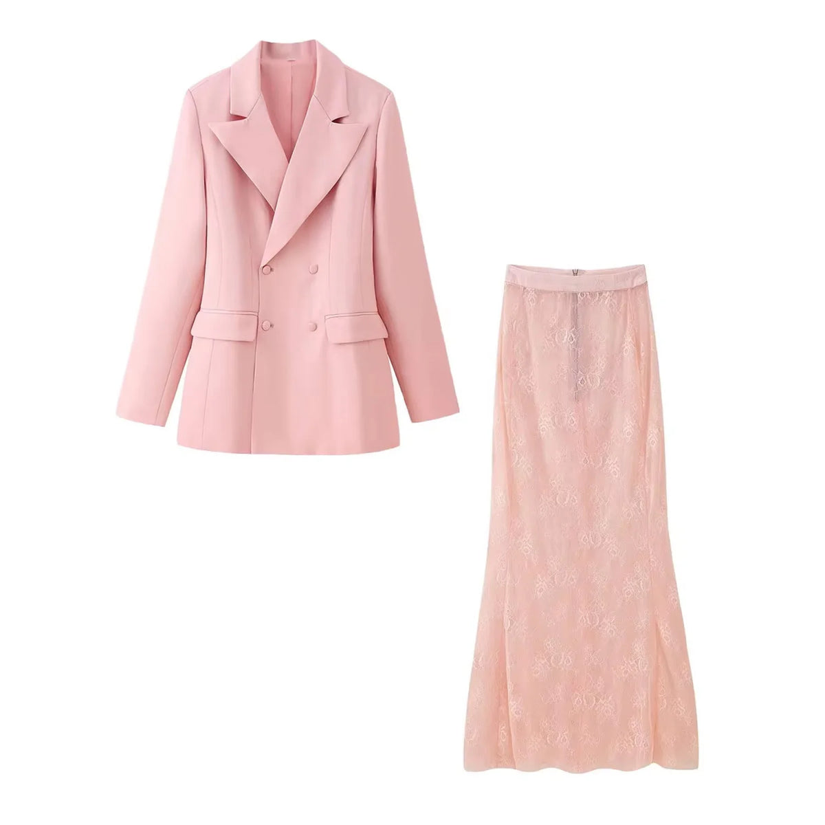 HH Women Double-Breasted Waist-closing Design Slim Blazer+New Fashion Translucent Rear Zipper High Waist Skirt 2-Piece Set