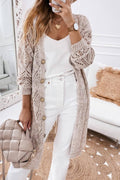 Khaki Hollow-out Openwork Knit Cardigan.