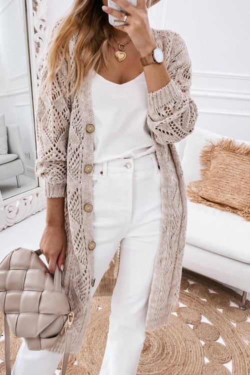 Khaki Hollow-out Openwork Knit Cardigan.