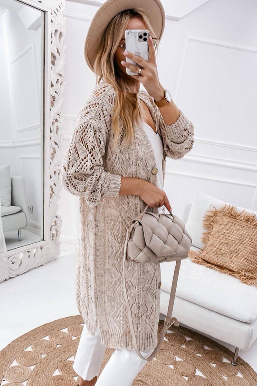 Khaki Hollow-out Openwork Knit Cardigan.