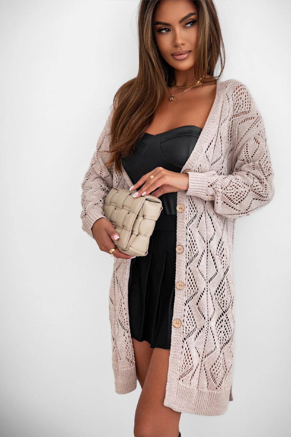 Khaki Hollow-out Openwork Knit Cardigan.
