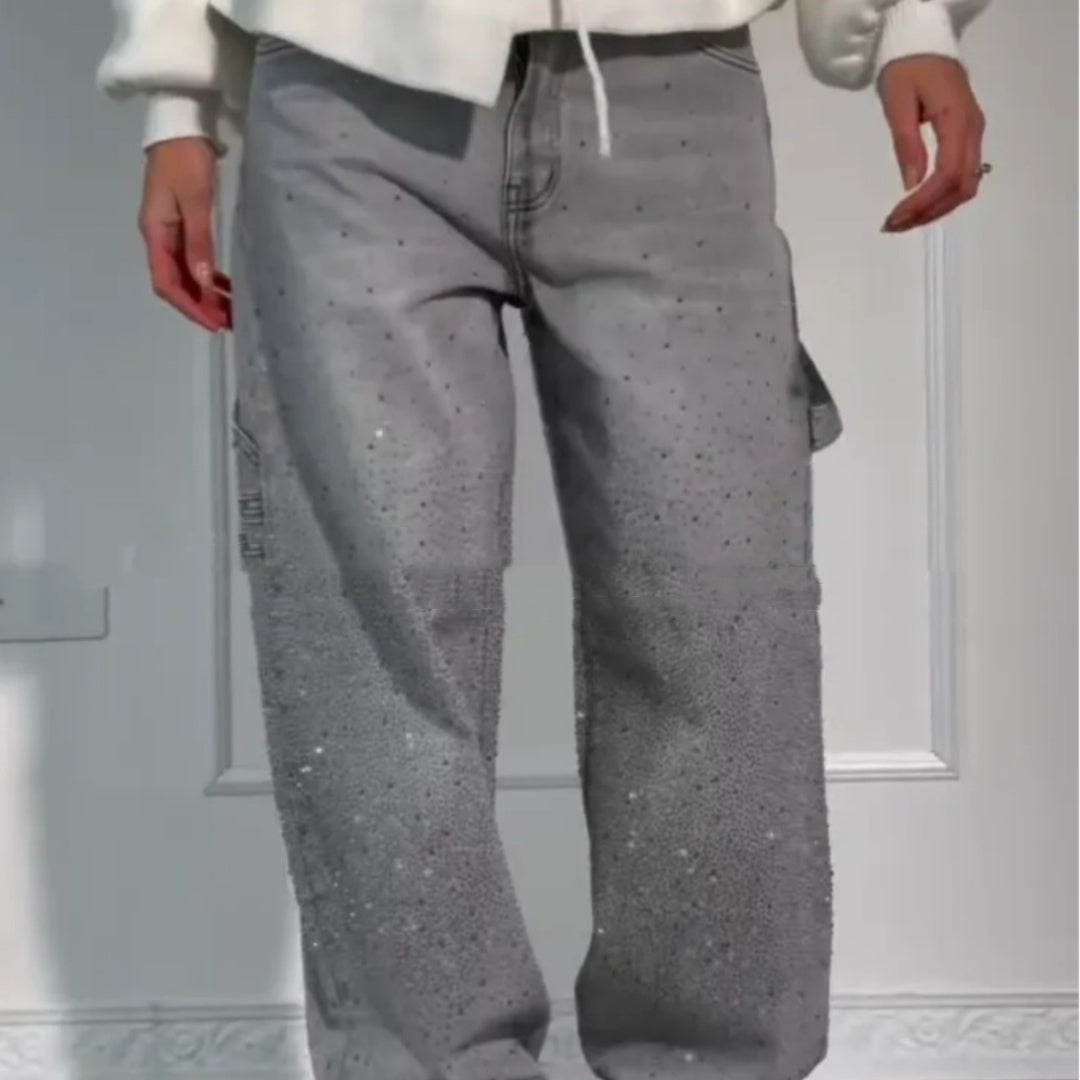 Shiny Straight-Leg Glitter Jeans with Pockets – Wide Leg Pants for