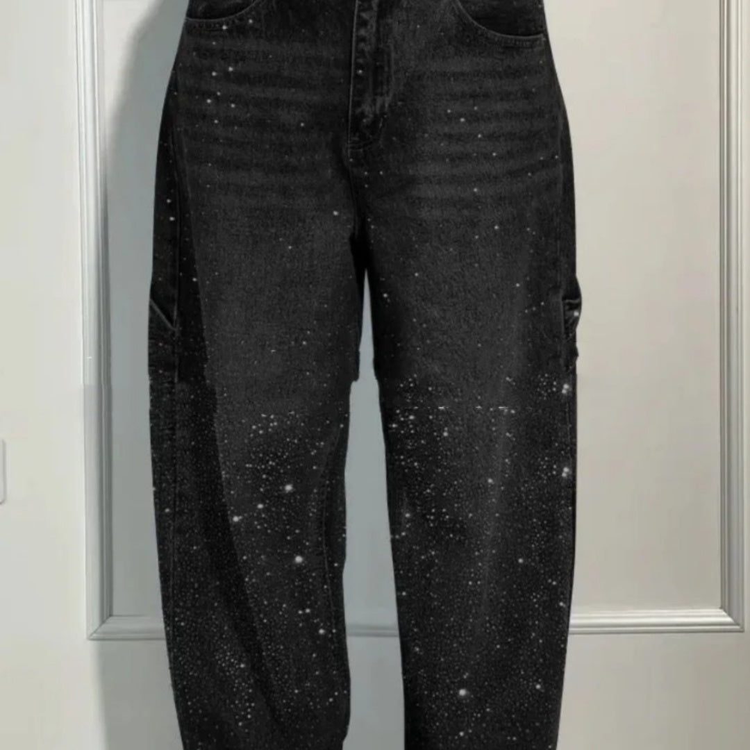 Shiny Straight-Leg Glitter Jeans with Pockets – Wide Leg Pants for