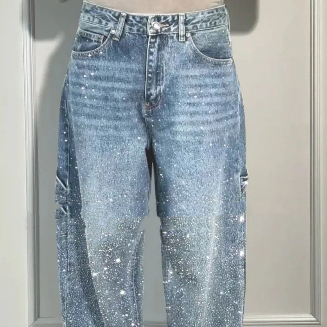 Shiny Straight-Leg Glitter Jeans with Pockets – Wide Leg Pants for