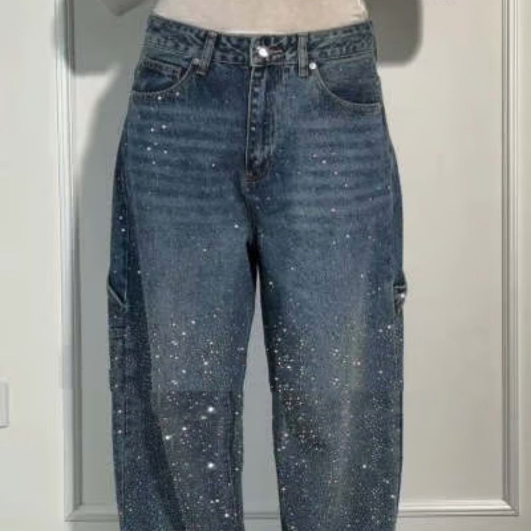 Shiny Straight-Leg Glitter Jeans with Pockets – Wide Leg Pants for