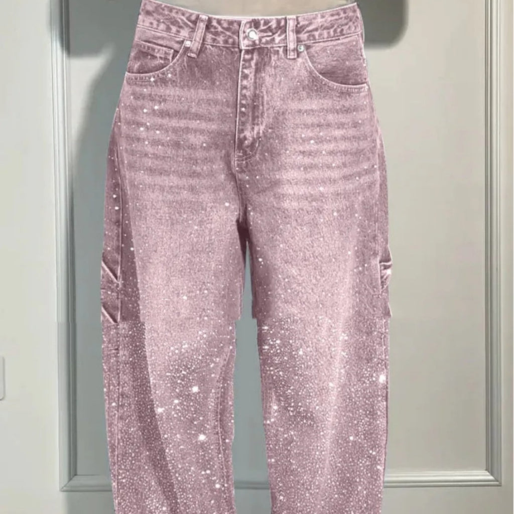 Shiny Straight-Leg Glitter Jeans with Pockets – Wide Leg Pants for