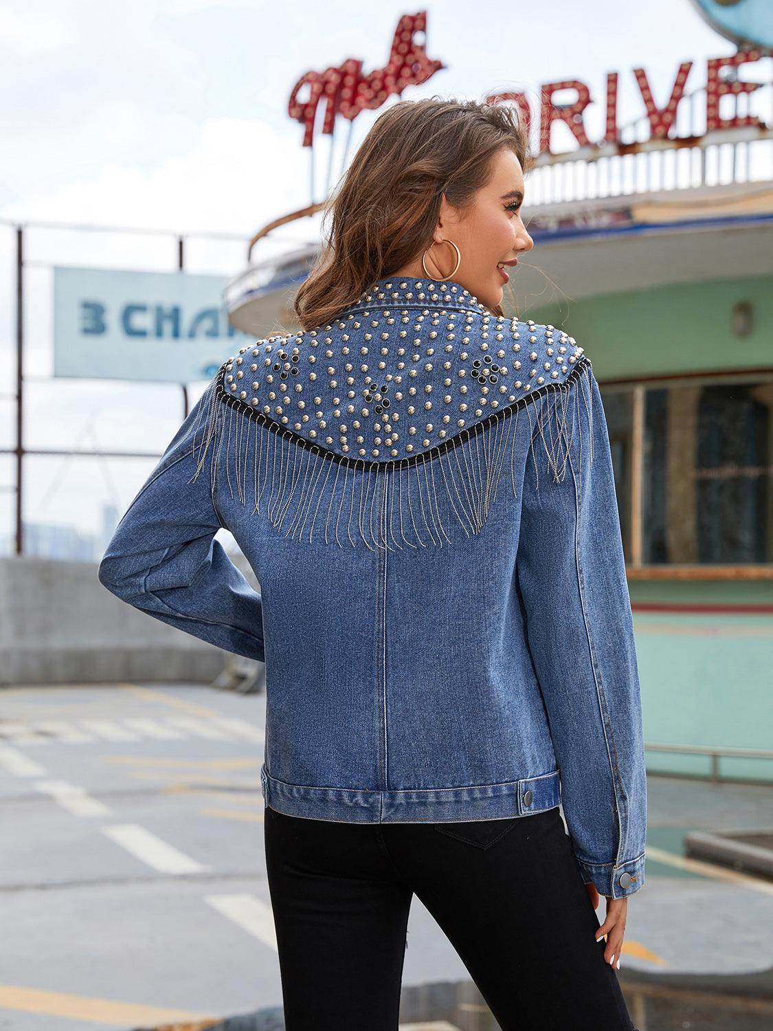 Studded Fringe Button Down Denim Jacket for Women