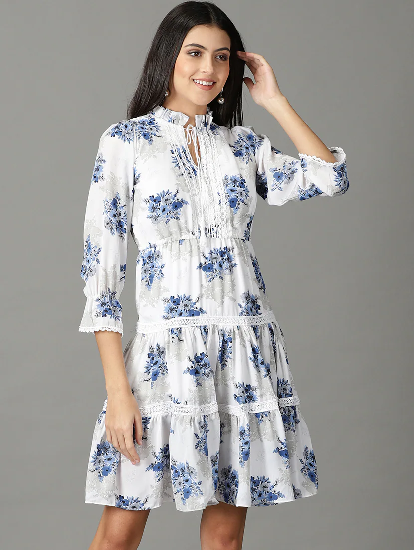 Women'S Tiered Dress Floral Dress (Size-M) (Color-WHITE)