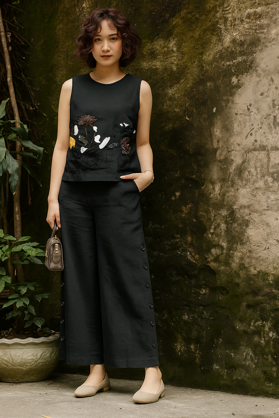 Black Floral-Embroidered Sleeveless Set with Wide-Leg Pants (Size S)